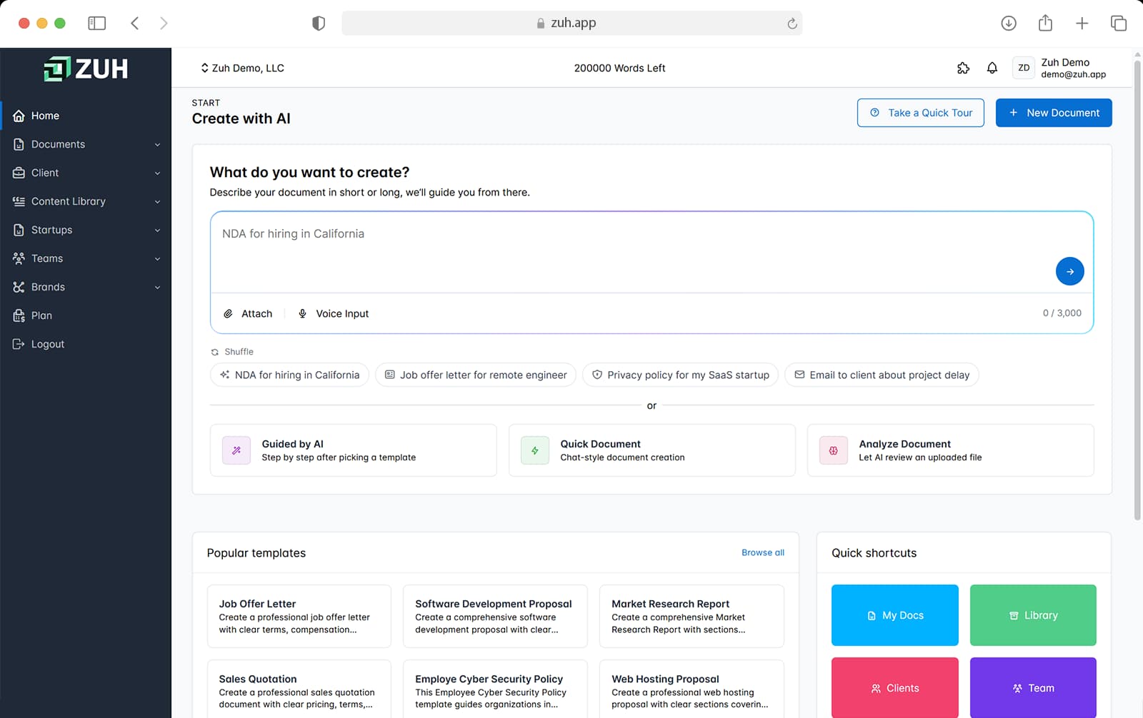 Zuh Dashboard - AI Document Writer Interface Main hero image